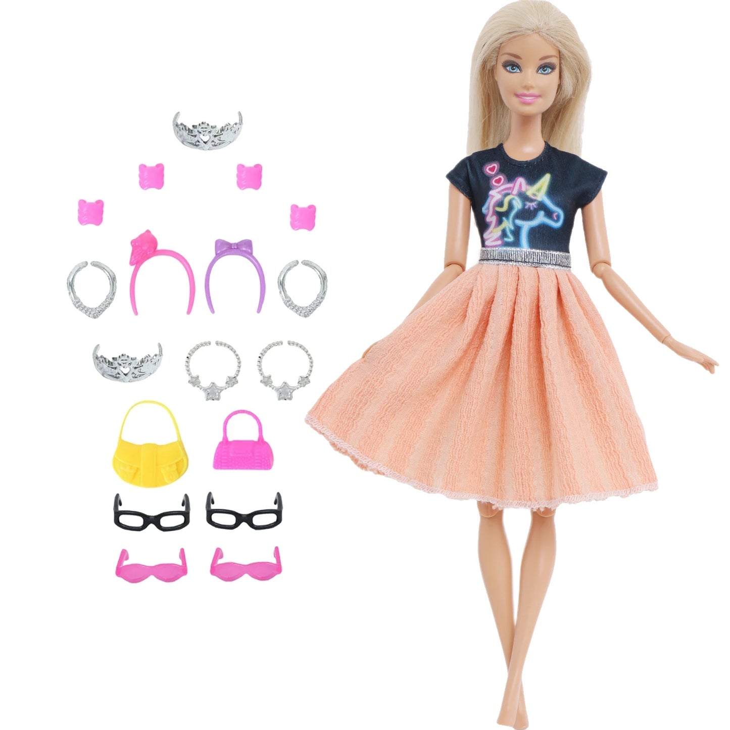 14 Pcs / Lot = 1x Fairy Tale Doll Dress + 13x Random Accessories Shoes Handbag Glasses Clothes for Barbie Doll Girl Baby Toys