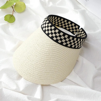 Adult Child Woman's Sun Visor Hats Female Bowknot Visor Caps Hand Made DIY Straw Summer Cap Casual Empty Top Hat Beach
