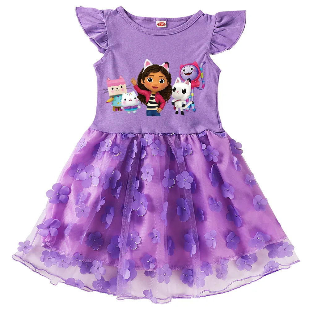 Vestidos Gabbys Dollhouse Clothes Kids Cartoon Gabby Chat Dress Baby Girls Summer Short Sleeve Casual Dresses and Bag & Headband