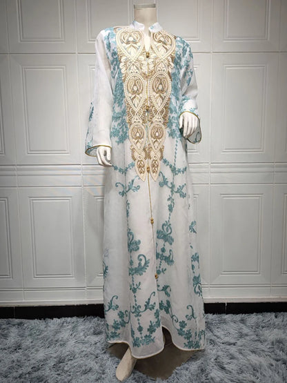 Islamic Embroidery White Jalabiya Imitation Linen Arabic Dress Women Arabian Moroccan Kaftan Party Wedding Abaya Ramadan Eid