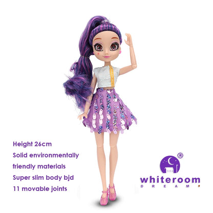 Slim 26cm Bjd Doll for Girl Purple Hair Big Eyes Fashion Princess Clothes Suit Accessories Decoration Eyelash Solid Doll Gift