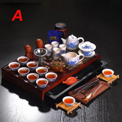 Kung Fu Tea Set the Whole Kettle Set of Blue and White Porcelain Ceramic Teapot Solid Wood Tea Tray Tea Ceremony