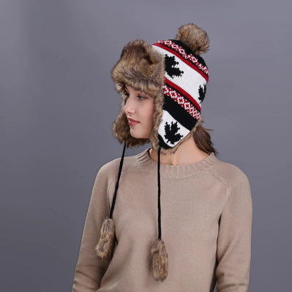 BUTTERMERE Red Russian Ushanka Hat Female Winter Warm Earflaps Fur Bomber Hats Caps Women Maple Leaf Christmas Beanies Pompom