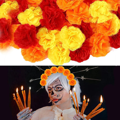 Yannew 50pcs Artificial Marigold Flower Head Yellow Bulk Day of the Dead Decoration for DIY Wreath Halloween Diwali Indian Decor