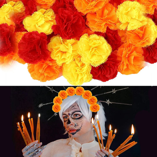 Yannew 50pcs Artificial Marigold Flower Head Yellow Bulk Day of the Dead Decoration for DIY Wreath Halloween Diwali Indian Decor