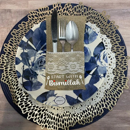 5pcs Start With Bismillah Cutlery Holder Eid Mubarak Muslim Islamic Ramadan Kareem Iftar Dinner Table Housewarming Decoration