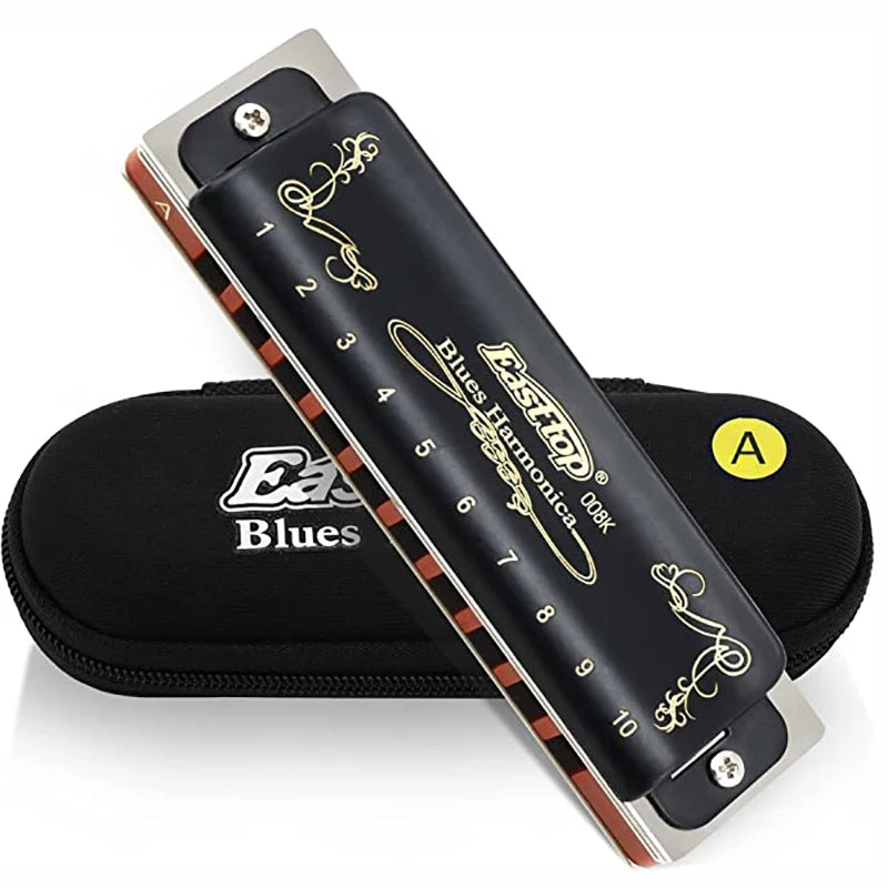 008K Diatonic Harmonica 10 Holes 20 Tones Blues Harp Mouth Organ Harmonica With Black Cover, Standard Harmonica With Canvas Bag