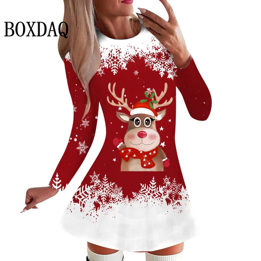 Cartoon Elk Dress Women Cute Christmas Snowflake Print Dress Winter Long Sleeve A-Line Mini Dresses Fashion Xmas Party Clothes