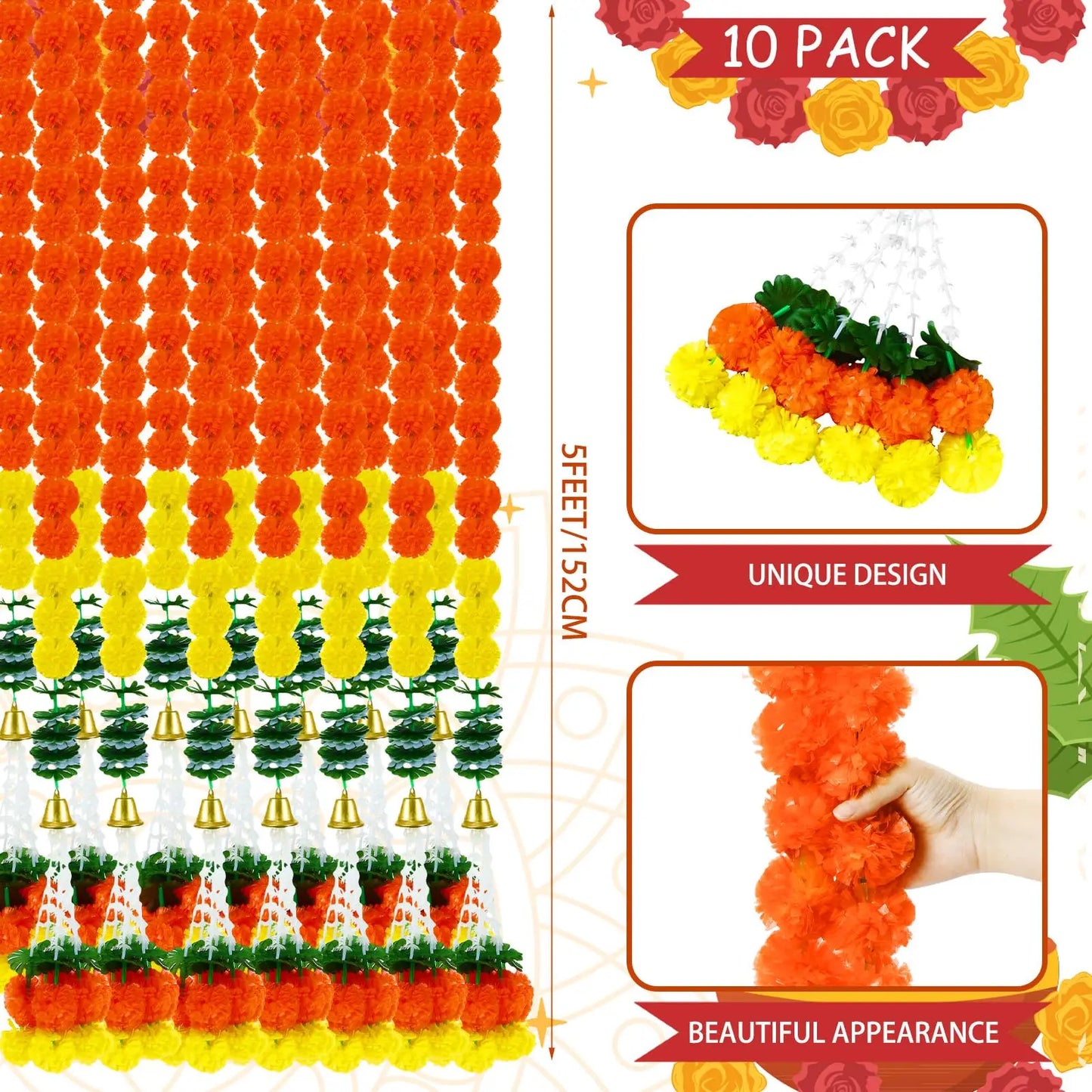 5-30pcs Marigold Flower Garland for Decoration 5 Ft Artificial Flower Garland Pooja, Diwali,Mexican Party ,Day of the Dead Decor