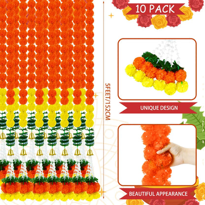 5-30pcs Marigold Flower Garland for Decoration 5 Ft Artificial Flower Garland Pooja, Diwali,Mexican Party ,Day of the Dead Decor
