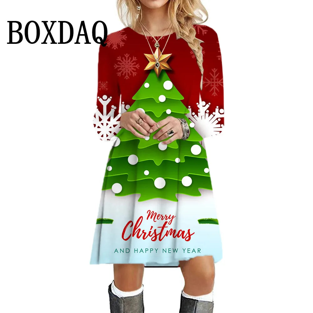 Cute Funny Christmas Elk Print Women Party Dress Winter Fashion Loose Casual Festival X-Mas Santa Claus Pattern Famale Clothes
