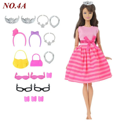 14 Pcs / Lot = 1x Fairy Tale Doll Dress + 13x Random Accessories Shoes Handbag Glasses Clothes for Barbie Doll Girl Baby Toys