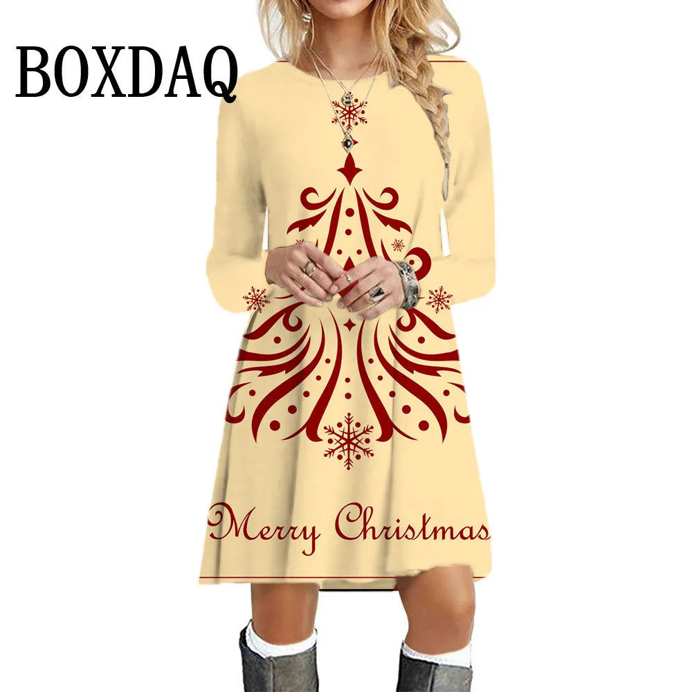 Cute Funny Christmas Elk Print Women Party Dress Winter Fashion Loose Casual Festival X-Mas Santa Claus Pattern Famale Clothes
