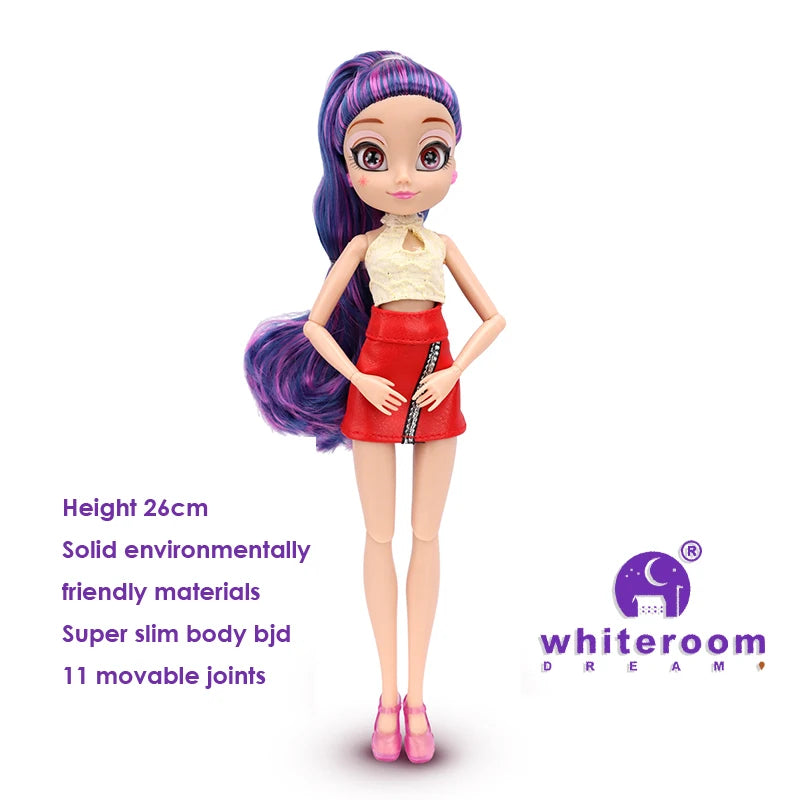Slim 26cm Bjd Doll for Girl Purple Hair Big Eyes Fashion Princess Clothes Suit Accessories Decoration Eyelash Solid Doll Gift