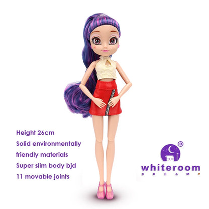 Slim 26cm Bjd Doll for Girl Purple Hair Big Eyes Fashion Princess Clothes Suit Accessories Decoration Eyelash Solid Doll Gift