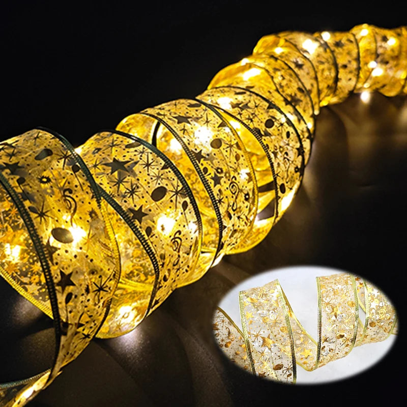 1-10m Christmas Luminous Lights Decoration Golden Christmas Ribbon Fairy String Lights for Home Party Christmas Supplies Decor