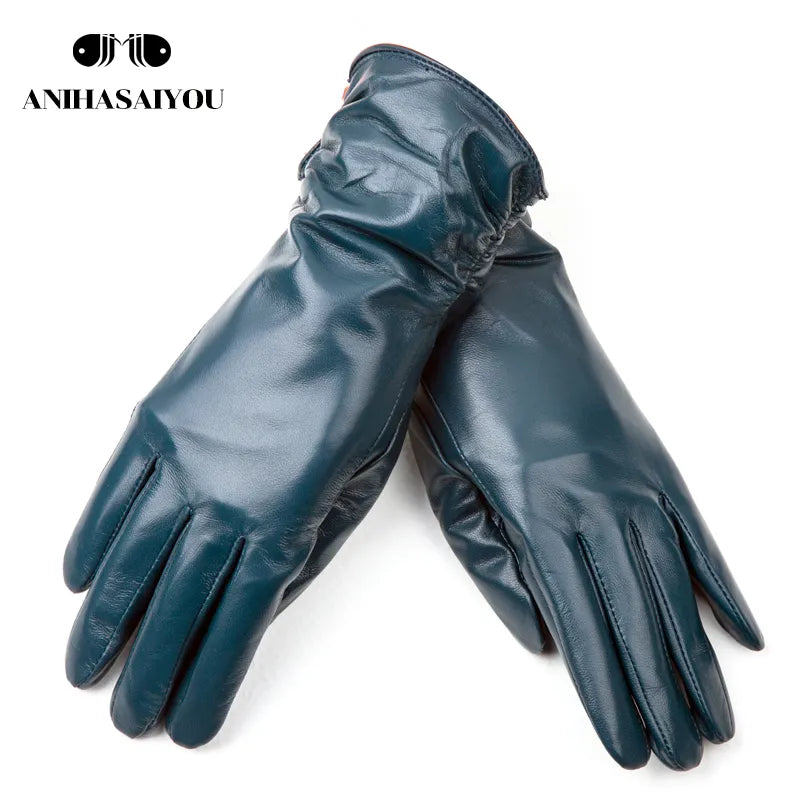 Classic Pleated Leather Gloves Women Color Real Leather Gloves Women Sheepskin Genuine Leather Winter Gloves Women-2081