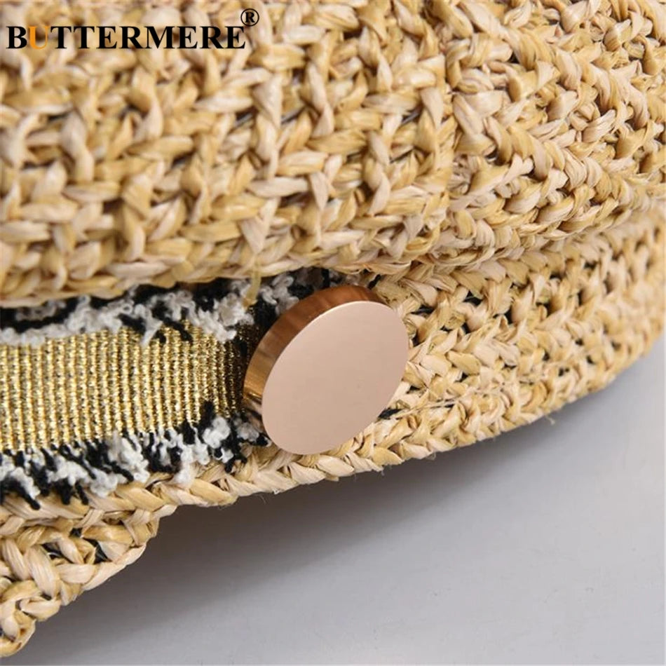 BUTTERMERE Straw Newsboy Cap Women Baker Boy Hat Female Khaki British Style Retro Designer Brand Spring Summer Octagonal Cap