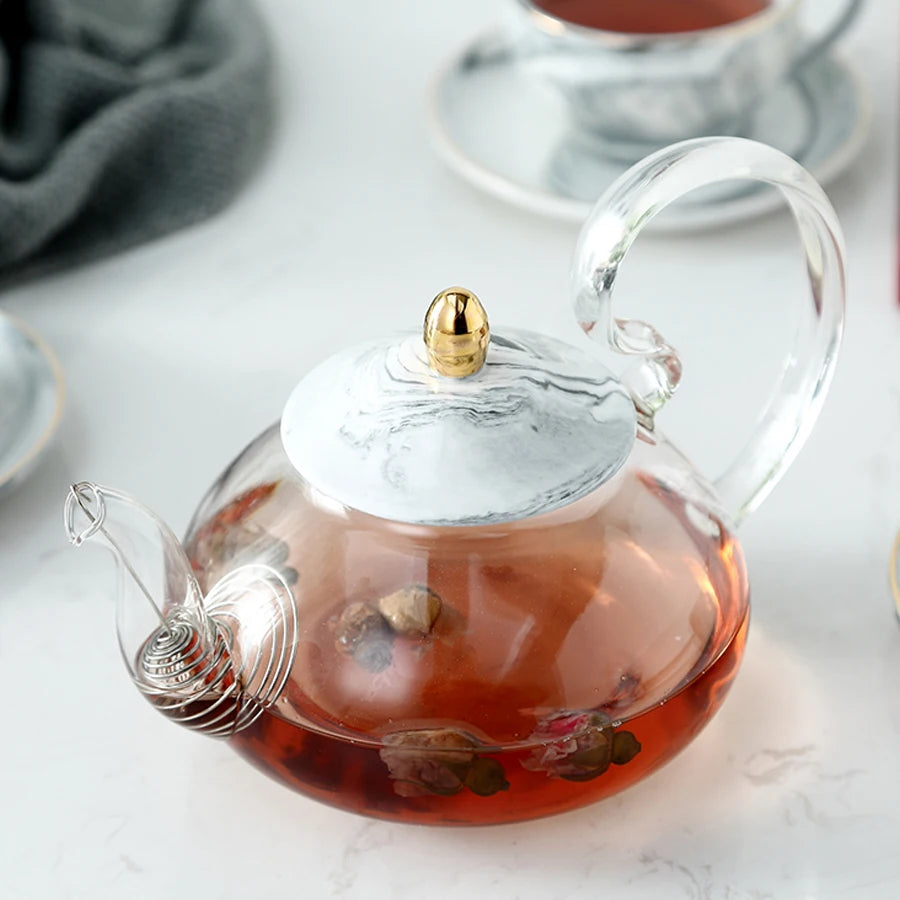 MUZITY Glass Teapot With Ceramic Base Creative Marble Design Tea Pot Tool Kettle Set With Strainer and Candle