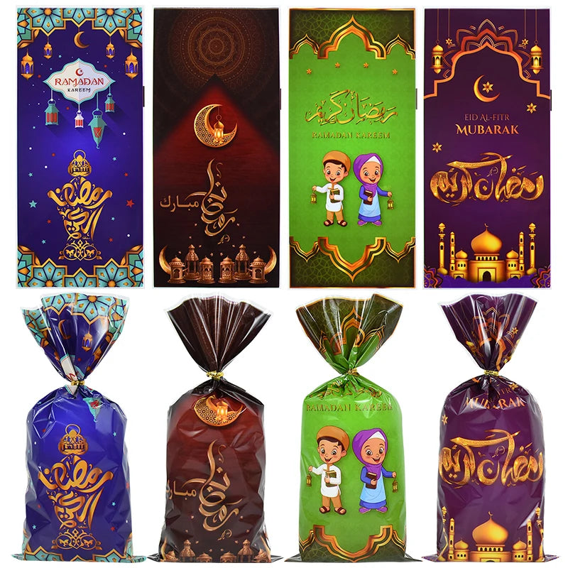 50pcs Eid Mubarak Candy Gift Bag Ramadan Kareem Decor 2024 Eid Gift Cookie Packaging Plastic Bag for Islamic Muslim Party Supply
