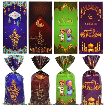 50pcs Eid Mubarak Candy Gift Bag Ramadan Kareem Decor 2024 Eid Gift Cookie Packaging Plastic Bag for Islamic Muslim Party Supply