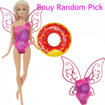 1x Doll Swimwear Beach Bathing Clothes Lovely Bikini Swimsuit + Random 1x Swimming Buoy Lifebelt Ring for Barbie Doll Baby Toys