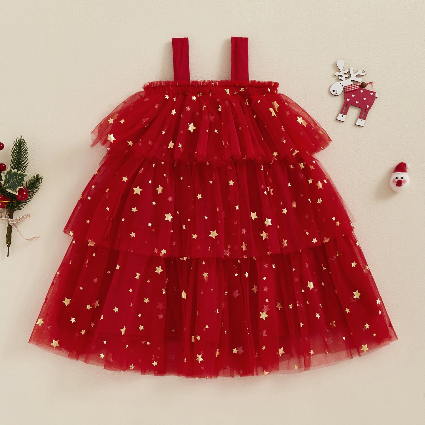 FOCUSNORM 1-9y 2 Colors Little Girls Christmas Dress Strap Sleeveless Star Print Lace Layered Tulle Sundress With Plush Ball Hat
