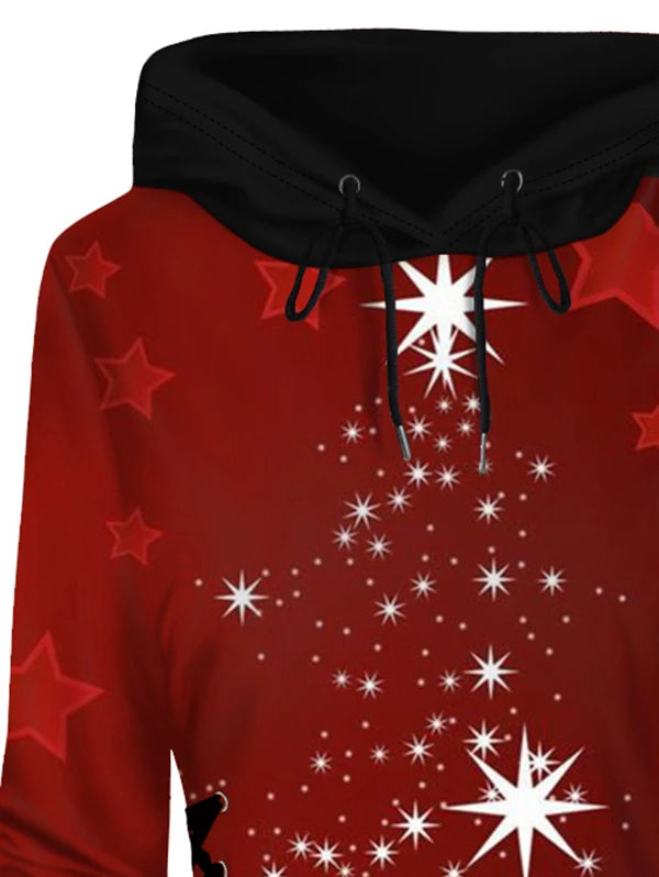 2024 Women's Christmas Hooded Dresses Star 3D Print Mini Hoodie Dress Lace Up a Line Hooded Dress Long Sleeves Fall Winter Dress