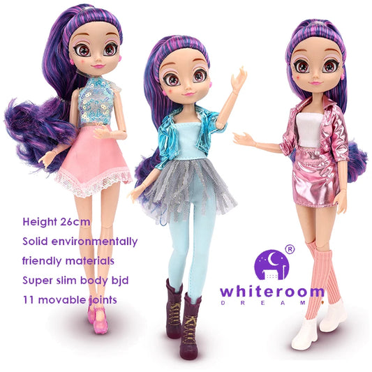 Slim 26cm Bjd Doll for Girl Purple Hair Big Eyes Fashion Princess Clothes Suit Accessories Decoration Eyelash Solid Doll Gift