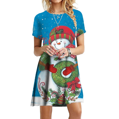 Funny Women Party Christmas Snowman Dress 2022 Fashion Cute Christmas Style Loose Dress Oversized Casual Short Sleeve Mini Dress
