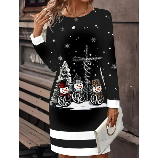 Elegant and Casual Women's Dress Black Christmas Dress Christmas Snowflake Wine Glass Print Mini Dress Long Sleeved O-Neck Dress