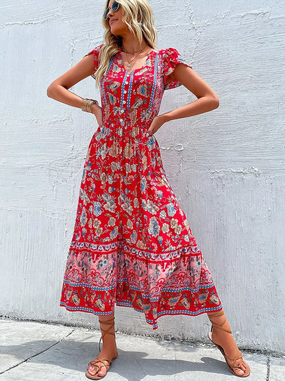 Vintage Floral Boho Printed Vestidos Women Short Sleeves v Neck Slit Midi Dresses a Line Bohemian Summer Beach Dress