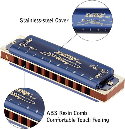 East Top Harmonica 008K Blues Harp Mouth Organ10 Holes 20 Tones Diatonic Blues Harmonica With Blue Case, Top Grade Harmonica