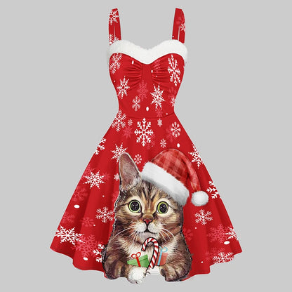 2024 Women's Christmas Dresses Faux Fur Panel Christmas Elk Snowflake Print Cami Dress Sleeveless Sweetheart Neck Mini Dress