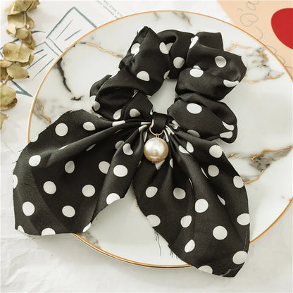 Chiffon Hair Scrunchies Women Fashion Pearl Ponytail Holder Hair Tie Hair Rope Rubber Bands Hair Accessories Bowknot Headwear