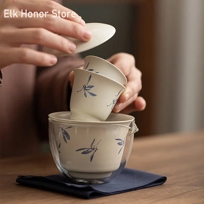 Hand Painted Butterfly Orchid Travel Kung Fu Tea Set Carrying Bag Bowl 2 Cups Kettle Gift Teacup Tea Set Ceramic Gaiwan Strainer