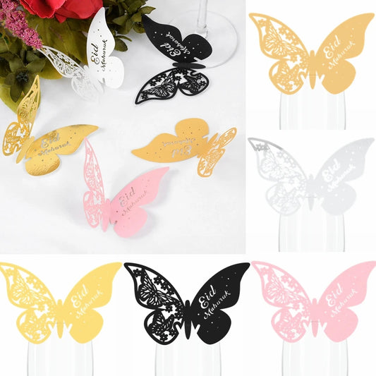 20pcs Eid Mubarak Hollow Butterfly Cup Card Wine Glass Paper Name Place Seat Card Wedding Party Ramadan Kareem Table Decorations