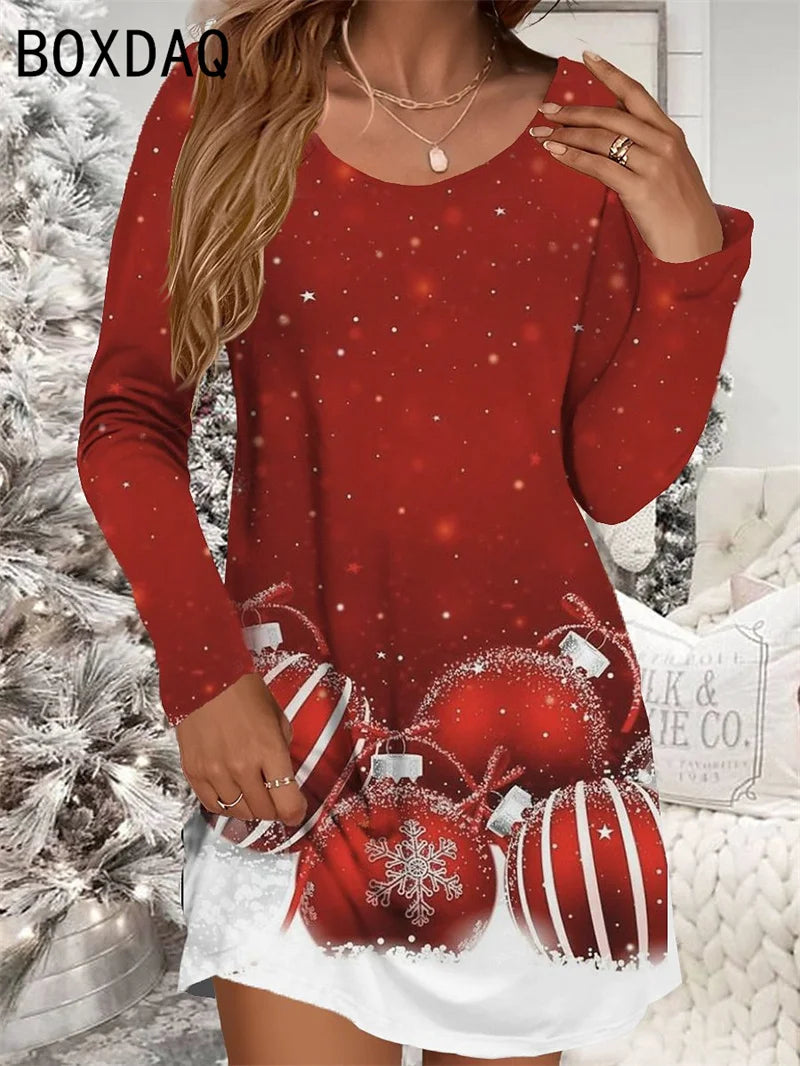 Women's Red Christmas Dress Casual Christmas Snowman Snowflake Print Mini Dress Long Sleeve O-Neck Autumn Woman Dress