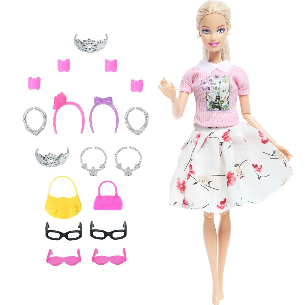 14 Pcs / Lot = 1x Fairy Tale Doll Dress + 13x Random Accessories Shoes Handbag Glasses Clothes for Barbie Doll Girl Baby Toys