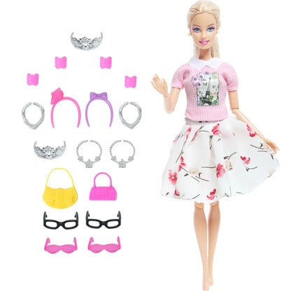 14 Pcs / Lot = 1x Fairy Tale Doll Dress + 13x Random Accessories Shoes Handbag Glasses Clothes for Barbie Doll Girl Baby Toys