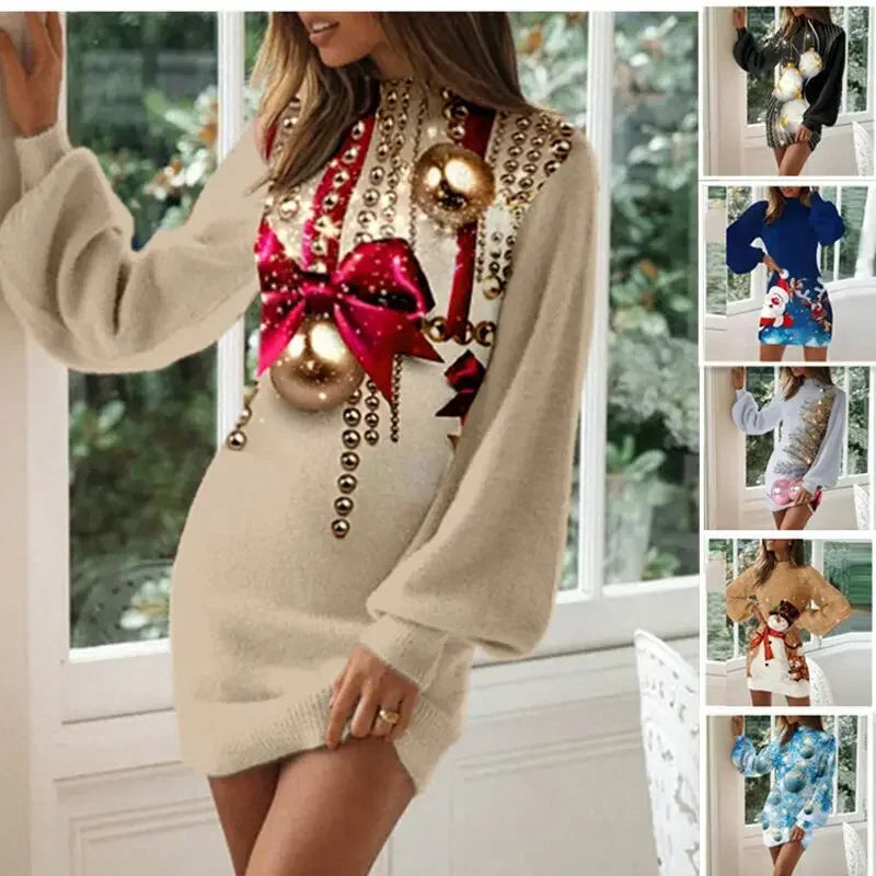 Vintage Christmas Printing Party Dress for Women Autumn Fashion Half High Collar Lantern Long Sleeve Dress Lady Bodycon Vestidos