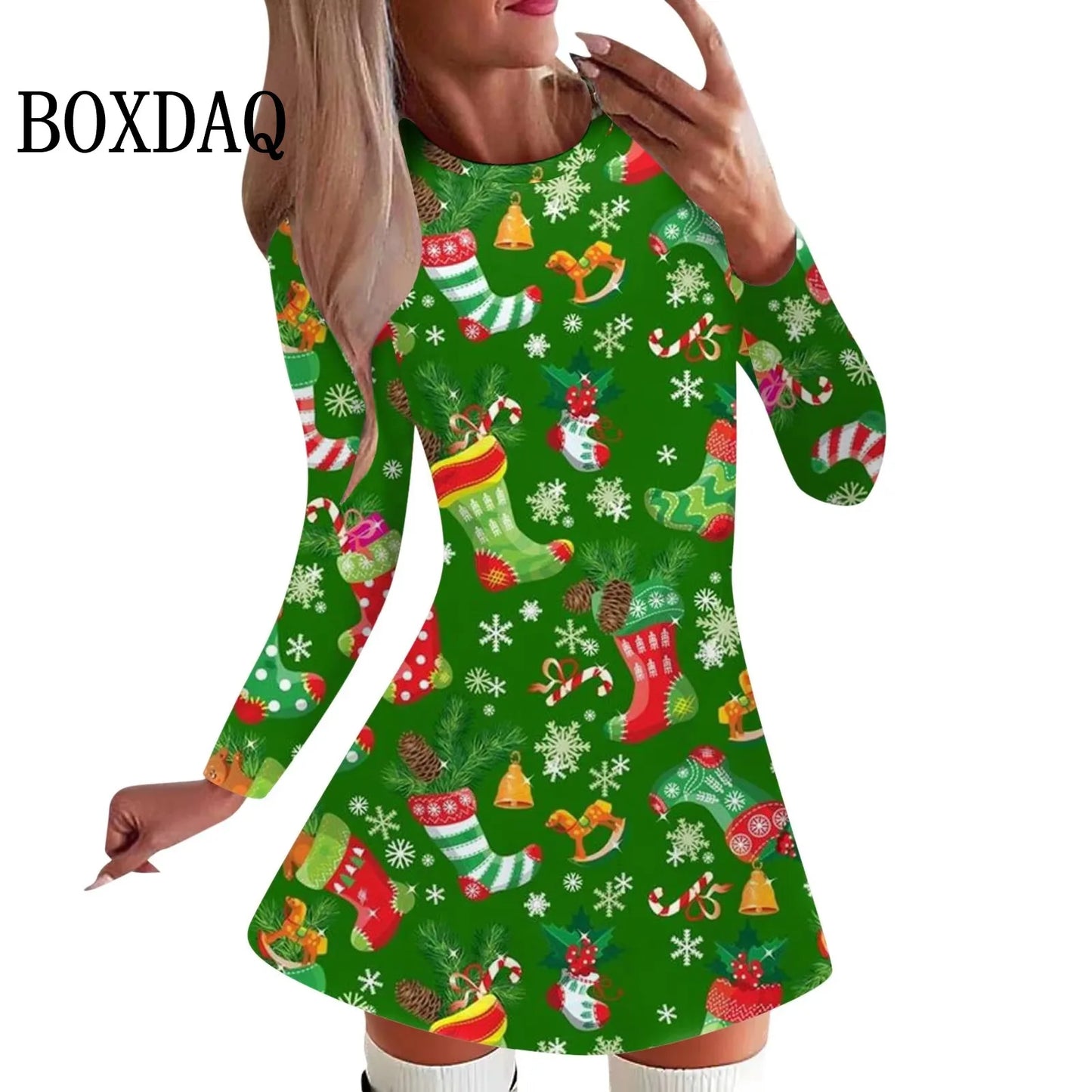 Cartoon Elk Dress Women Cute Christmas Snowflake Print Dress Winter Long Sleeve A-Line Mini Dresses Fashion Xmas Party Clothes