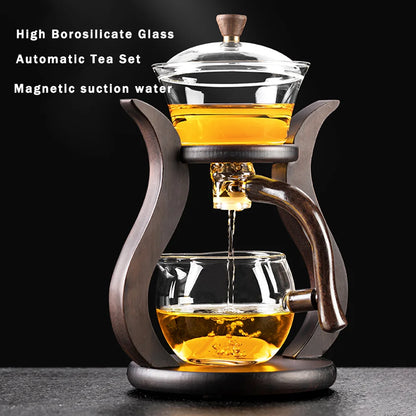 Lazy Kungfu Glass Tea Set, Magnetic Wooden Handle Tea Pot Set, Semi Automatic Drip Rotating With Infuser Glass Teapot Set
