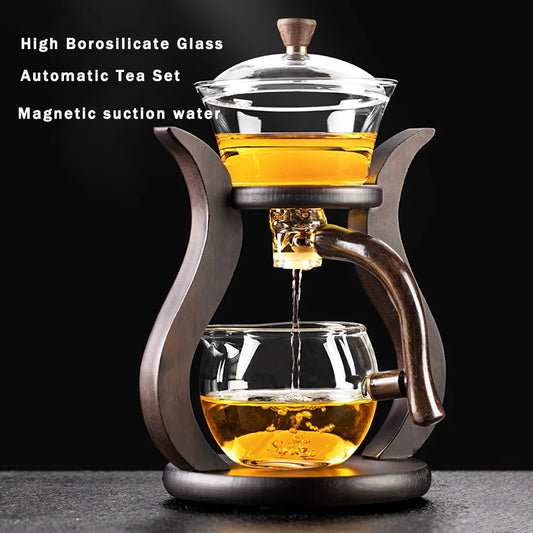 Lazy Kungfu Glass Tea Set, Magnetic Wooden Handle Tea Pot Set, Semi Automatic Drip Rotating With Infuser Glass Teapot Set