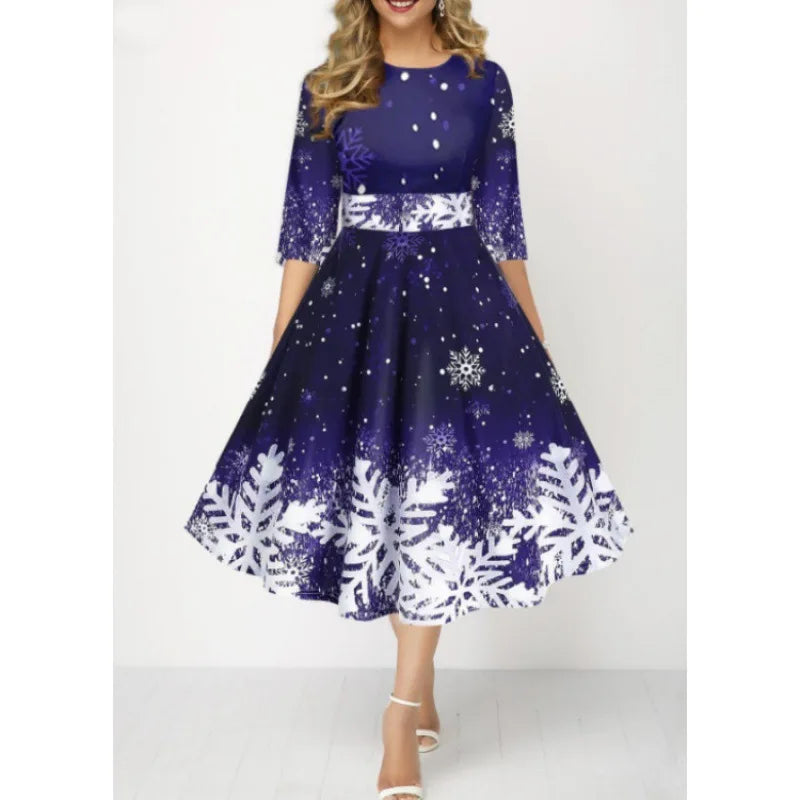 Christmas Style Women's Clothing New Fashion Personality Snowflake Digital Print Temperament Mid Sleeve Waist Cinching Dress Y2k