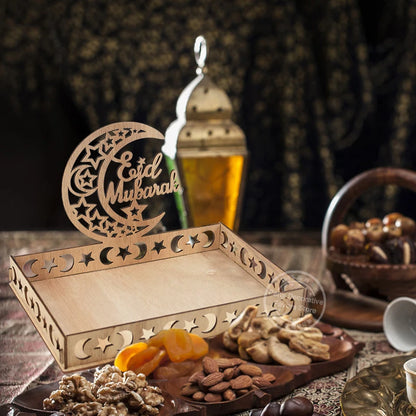 Wooden Eid Mubarak Food Tray Ramadan Decoration for Home Cake Display Islam Muslim Party Supplies 2024 Ramadan Kareem Eid Gifts