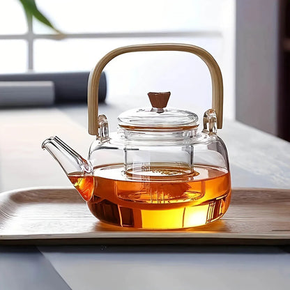 950ML Borosilicate Glass Teapot With Bamboo Handle Kettle Heat Resistant Clear Design With Built-In Strainer Teapot for Loves