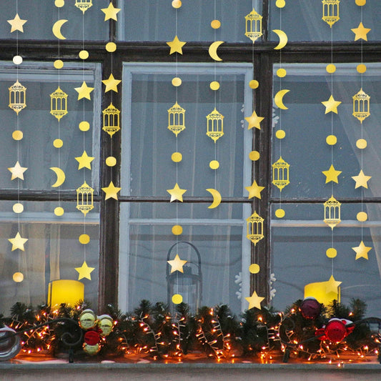 4M Ramadan Decoration 2024 Gold Moon Star Lamp Hanging Garland Ornament EID Mubarak Muslim Mubarak Party Supplies Eid Al-Fitr