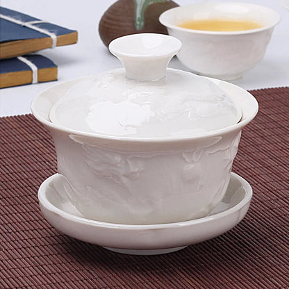 Chinese Traditional Gai Wan Tea Set Bone China Tea Sets Dehua Gaiwan Tea Porcelain Pot Set for Travel Beautiful and Easy Kettle