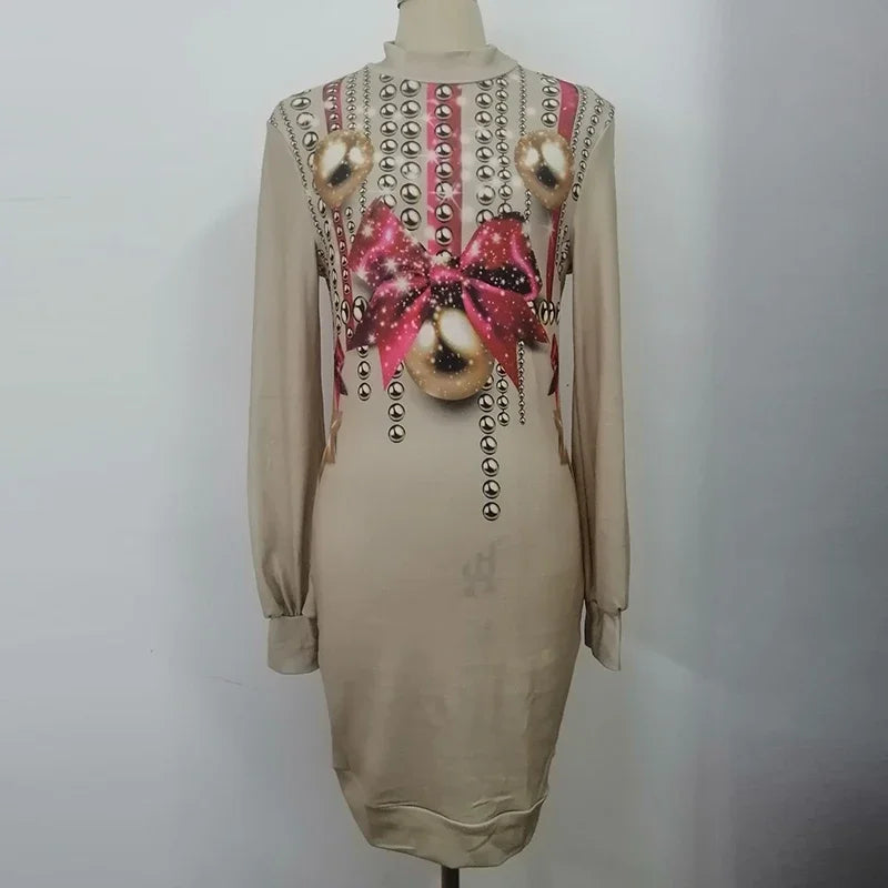 Vintage Christmas Printing Party Dress for Women Autumn Fashion Half High Collar Lantern Long Sleeve Dress Lady Bodycon Vestidos